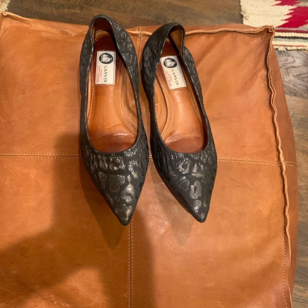 Lanvin Black Metallic Leopard-Print Pointed Flats Made in Portugal
